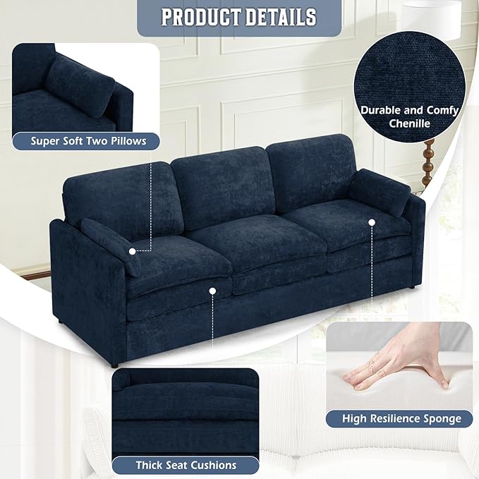 89" Chenille Soft Sofa w/Well-Filled Backrests, Modern Couch w/Plump Pillows, 3 Seater Upholstered Couch w/Thick & Comfy Cushions for Living Room, Bedroom, Blue