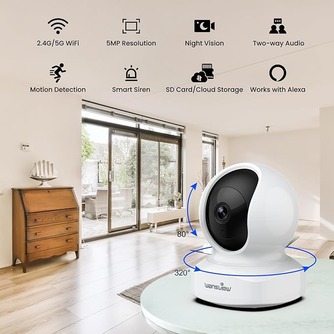wansview Security Camera, IP Camera, WiFi Home Indoor Camera for Baby/Pet/Nanny, 2 Way Audio Night Vision, Compatible with Alexa, with TF Card Slot and Cloud, Q5 (White, 5MP)
