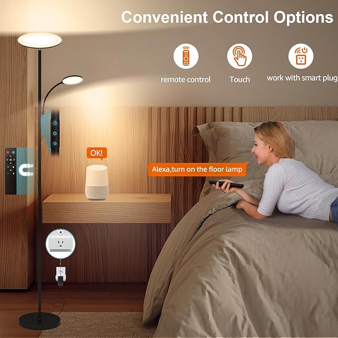 Floor Lamp, 2025 Upgraded 42W 4500LM Super Bright LED Floor Lamp with Rotatable Reading Light, Touch Remote Control & Memory Function, Stepless Dimmable Standing Lamp for Living Room Bedroom, Black