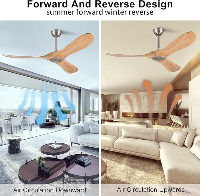 52 Inch Solid Wood Ceiling Fan with Remote,Outdoor Ceiling Fan no Light,6 Speeds,Noiseless,Reversible DC Motor,Modern Ceiling Fans without Lights for Bedroom Farmhouse Patios Study Brushed Nickel