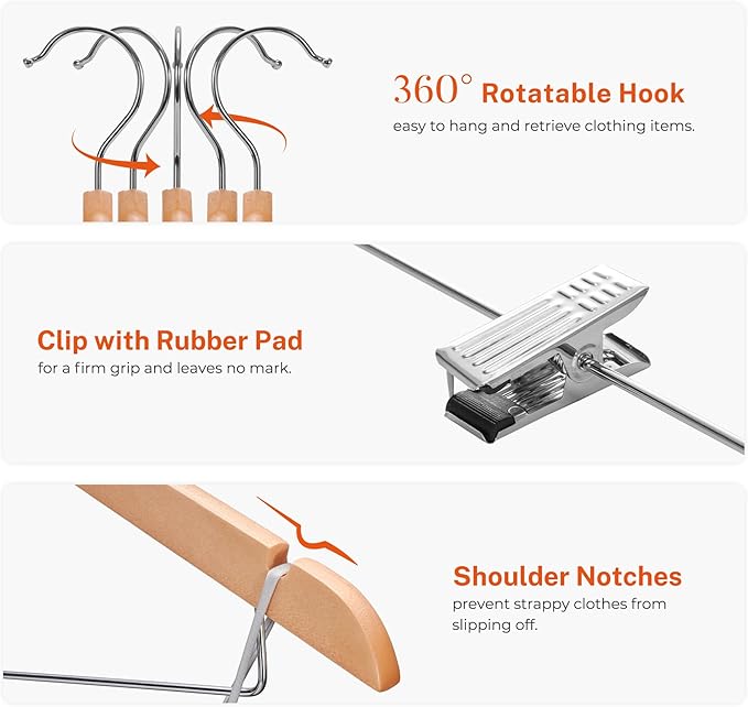 HOUSE DAY 24 Pack High-Grade Wooden Suit Hangers Skirt Hangers with Clips Solid Wood Pants Hanger Natural Smooth Finish Premium Wood Hanger with Durable Metal Clips for Blouse, Dress, Coat, Jacket
