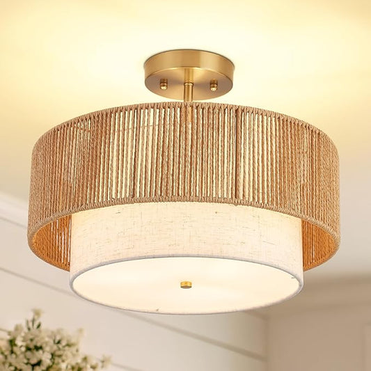 16" Drum Flush Mount Ceiling Light Hallway Light Fixtures with Rattan Shade,3-Light Semi Flush Light Fixture Ceiling Mount for Kitchen, Bedroom, Bathroom, Living Room