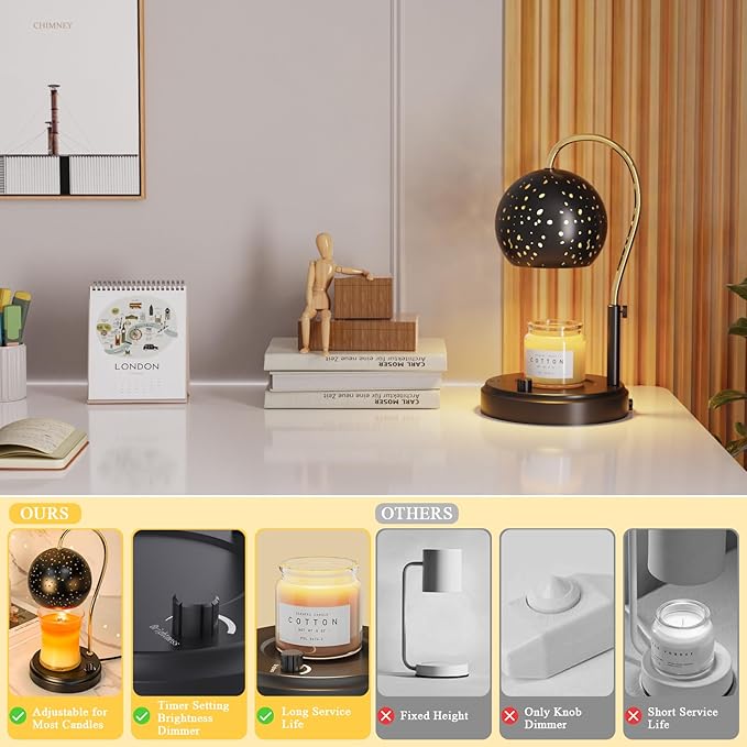 Candle Warmer Lamp with Timer, Candle Warmer Lamp Adjustable Height with 2 Bulbs, Dimmable Electric Candle Warming Lamp for Scented Jar Candles, Black