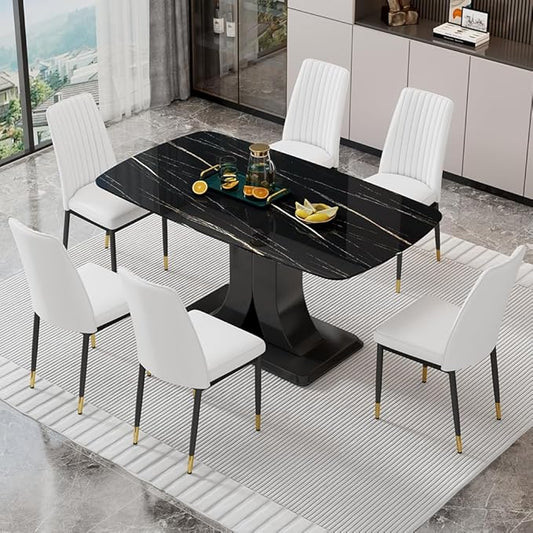 Modern Dining Table Set for 6, Marble Kitchen Table Chair Set for 6, Rectangular Kitchen Table with 6 Pu Leather Upholstered Chair for Dining Room