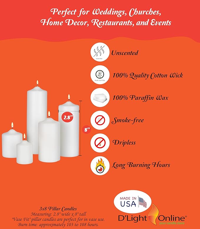 D'light Online 3 X 8 Inch Pillar Candles Set of 12 Bulk Event Pack Round Unscented Premium Wax Pillar Candles for Wedding, Spa, Party, Birthday, Holiday, Bath and Home Decor (3X8, Ivory)