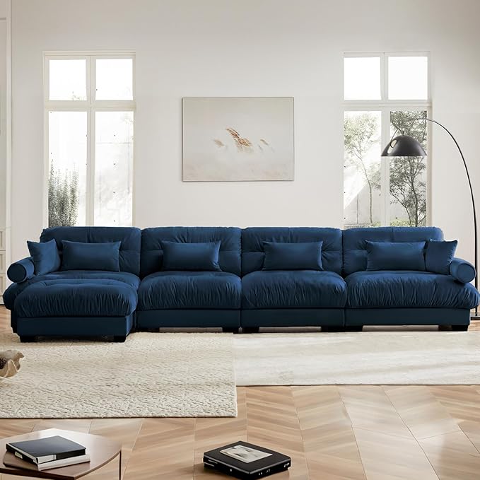 166" Oversized L Shaped Sectional Sofa, 4 Seater Modular Velvet Cloud Couch with Ottoman, Blue Large Fluffy Couch Set for Living Room