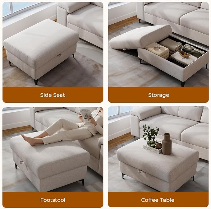 35" Large Storage Ottoman for Living Room, 7.8" Deep Seat Rectangular Ottoman Foot Rest for Couch, Chenille Storage Footstool Load 350 lb （Beige）