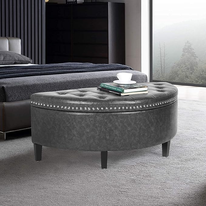 Homebeez 43" Half Moon Storage Ottoman Bench, Lift Top Faux Leather Storage Ottoman Bench for Bedroom Living Room (Gray)