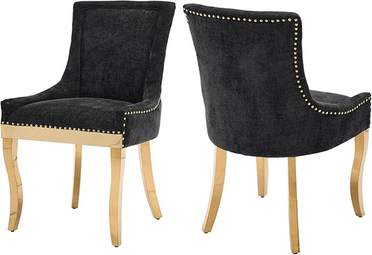 Luxury Fabirc Upholstered Dining Chairs Set of 2,Neutral Chenille Kitchen Room Chair with Nailhead Trim,Modern Padded Side Chairs for Dining Room,Living Room,Bar (Black-Gold, Set of 2)