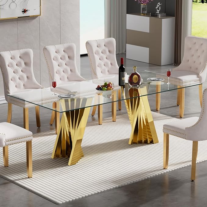 HomVent 70.08" Rectangular Clear Tempered Glass Dining Table,Stylish Design with Golden Stainless Steel Legs, Dining Table for Dining Room
