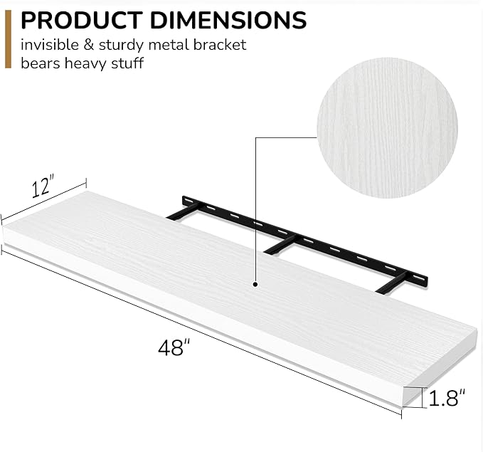 Fun Memories Floating Shelves - 12 Inch Rustic Wooden Wall Shelves - Extra Deeper & Thicker Wall Mounted Storage Shelf for Living Room, Kitchen, Farmhouse - 48" W x 12" D x 1.8" H - White