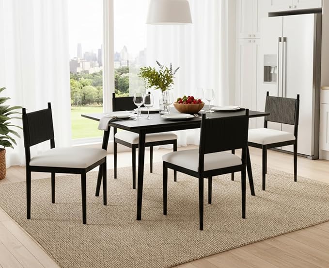 CIMOTA Black Dining Chairs Set of 6, Mid Century Modern Upholstered Dining Room Chairs with Woven Back, Armless Kitchen Chairs with Solid Wood Legs,Linen Beige