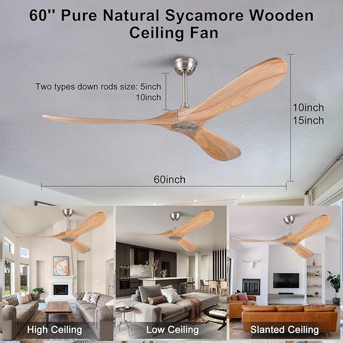 60 Inch Ceiling Fan no Light, Quiet Reversible DC Motor Wood Ceiling Fan Without Light, Modern Ceiling Fan with Remote Control for Outdoor Indoor Farmhouse Patios(Brushed Nickel+Natural Wood)