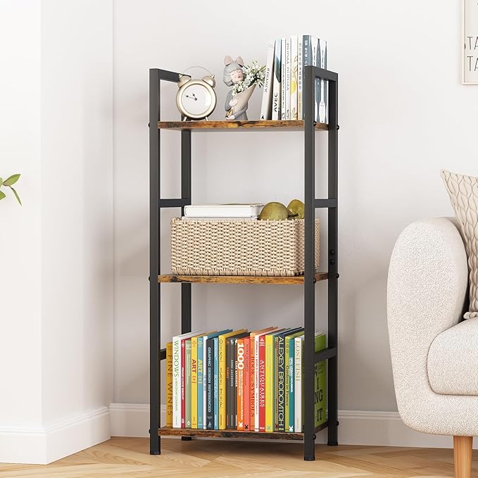 Bookshelf Storage Shelf Bookcase, 3 Tier Industrial Bookcase,Small Book case for Living Room, Bedroom, and Home Office, Easy Assembly Free Combination Multi-Functional Organizer(3 Tier,Rustic Brown)