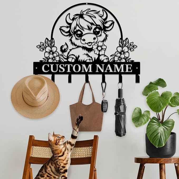 Personalized Highland Cow Metal Keys Hooks,Custom Name Metal Highland Cow Keys Hooks,Black Metal Highland Cow Wall Home Storage Decorative Keys Hooks,Key Holder Hooks for Wall (Style C)