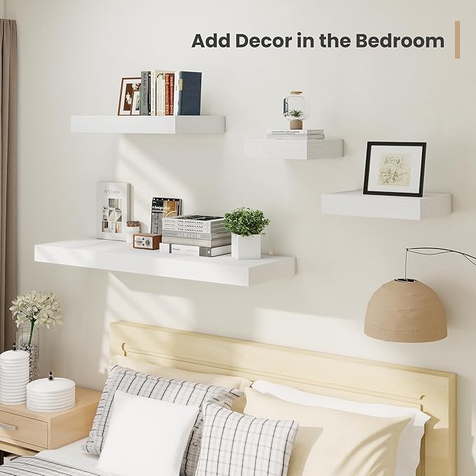 Heimlove 12 Inch Deep Floating Shelves, 16 x 12 inches Long Wall Shelf, Large Extra Display Shelf & Storage Shelf, Rustic Wood Wall Shelves for Fireplace Mantel, White - 2Pack