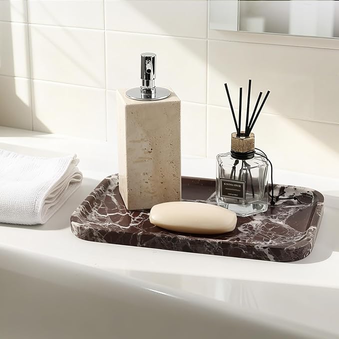 Marble Vanity Tray, 11.8in Stone Bathroom Tray for Countertop, Red Decorative Tray for Dresser Organizer, Luxury Serving Tray for Kitchen, Storage Dish for Kitchen Sink, Perfume, Jewelry Holder