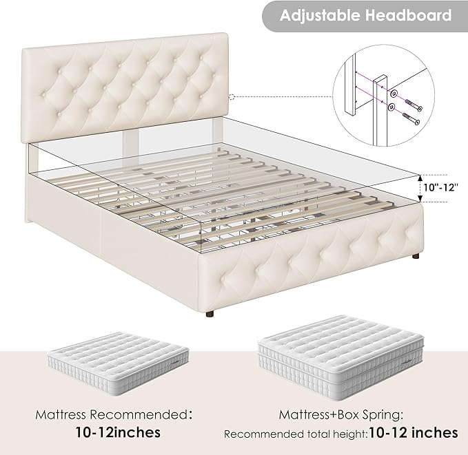 Keyluv Modern Upholstered Bed Frame with 4 Storage Drawers, Button Tufted Headboard Design, Solid Wooden Slat Support, Easy Assembly, Fabric, Beige, Queen Size