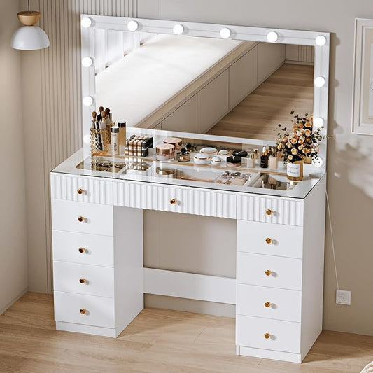 Fluted Makeup Vanity Desk with 46" HD Lighted Mirror,Big Modern Vanity Desk with Mirror and 12 LED Lights, Dressing Table with 11 Drawers, Glass Top for Bedroom,Cream