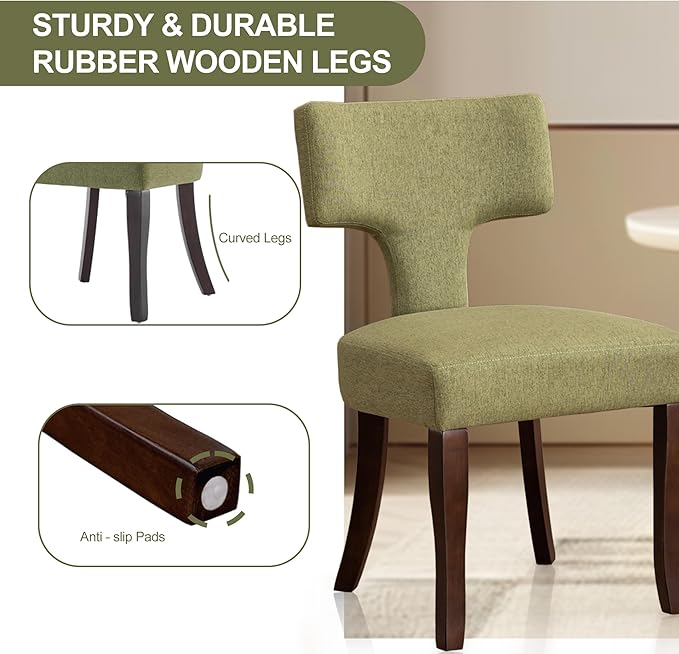 Mid Century Modern Dining Chairs Set of 4, Upholstered Side Dining Chairs with Curved Back Linen Fabric Armless Wood Chairs Kitchen & Dining Room Farmhouse Chairs (Green)