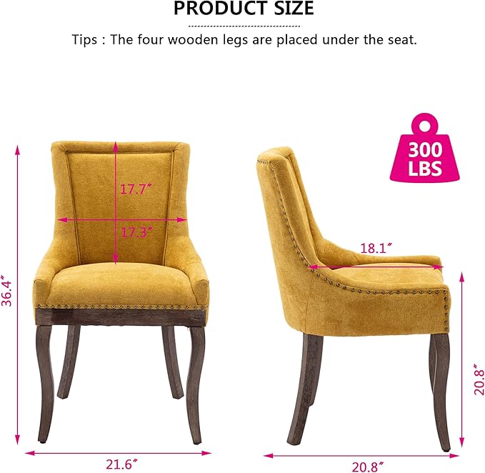 Farmhouse Dining Chairs Set of 4, Upholstered Fabric Dining Room Accent Chairs with Wood Legs & Bronze Nailhead, High Wingback Kitchen Chairs for Living Room Hotel Apartment, Golden Yellow