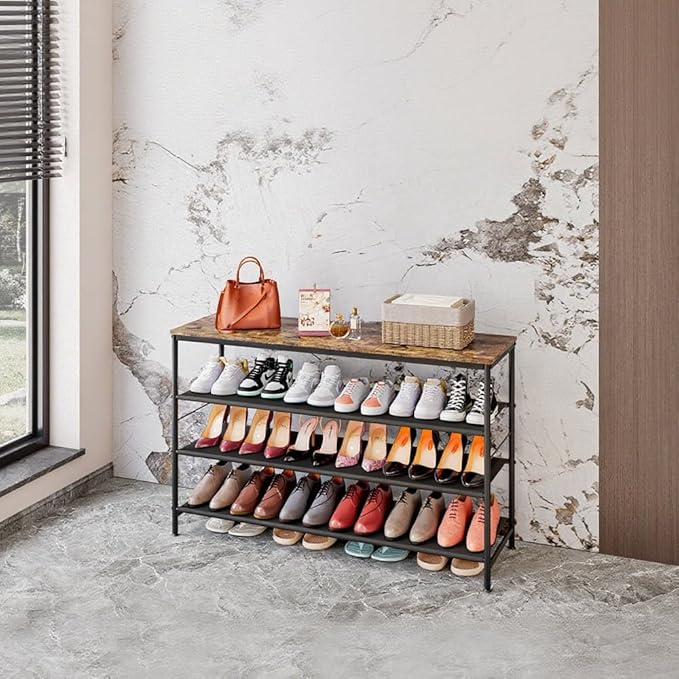 Shoe Rack Organizer 4 Tier Long Metal Organizer Shelf with Industrial MDF Board and Layer Fabric for Entryway Closet Bedroom Living Room Garage,Black & Rustic Brown