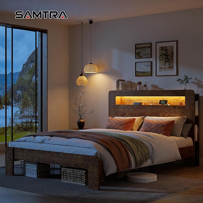 Wooden Bed Frame Queen Size with Headboard, Farmhouse Platform Bedframe with Metal Slat Support, Sturdy Framework Bed Frame, Easy Assembly (Rustic Brown LED)