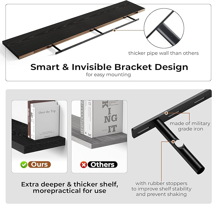 Fun Memories 66 Inch Fireplace Mantel Shelf with Invisible Bracket, 8 Inch Deep Floating Shelf for Living Room, Kitchen, Farmhouse, Black