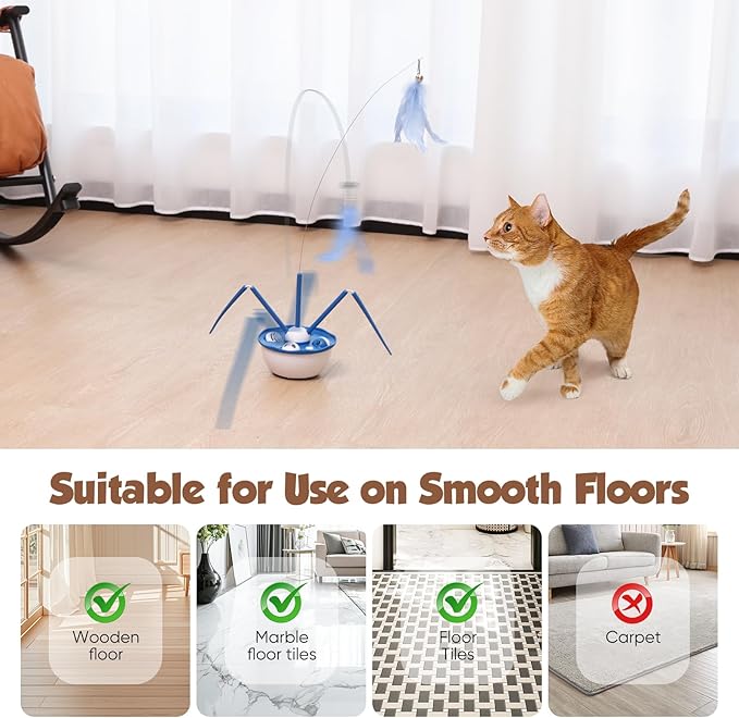 Automatic Cat Toys,7in1 Detachable Interactive Cat Toy, USB Rechargeable Cat Toys for Indoor Cats with Feather Butterfly Ribbon Cat Wand Catnip Ball for Cats Enrichment (Blue)