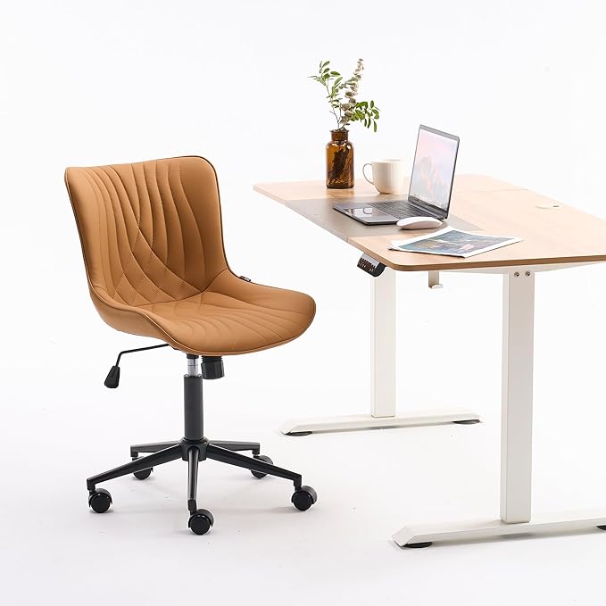 YOUNIKE Office Chair, Armless Desk Chair with Wheels, Adjustable Swivel Home Office Computer Task Chairs, Modern Faux Leather Upholstered Vanity Chair with Back, Saffron Tan