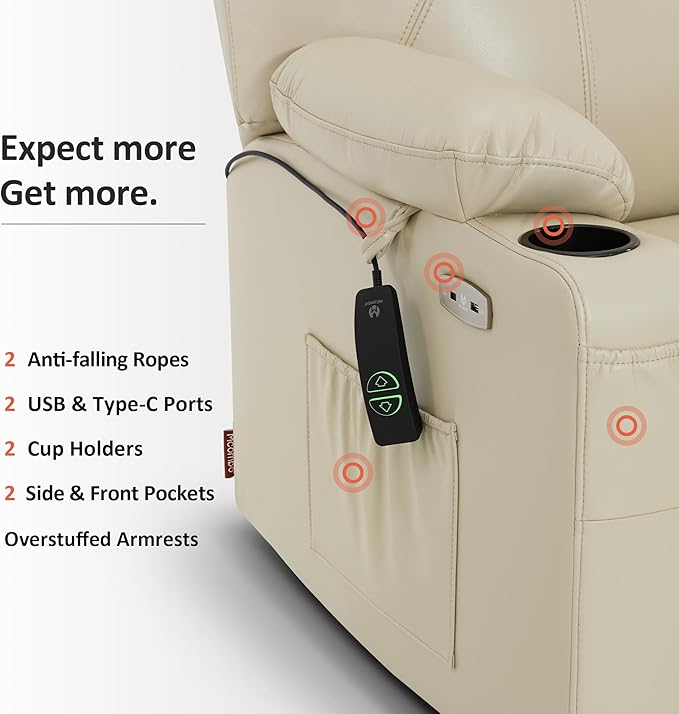 MCombo Oversized Power Lift Recliner Chair for Elderly, Lift Chair with Heat and Massage for Big and Tall, USB&Type C Ports, Cup Holders, Faux Leather R7510 (Cream White, Large-Wide)