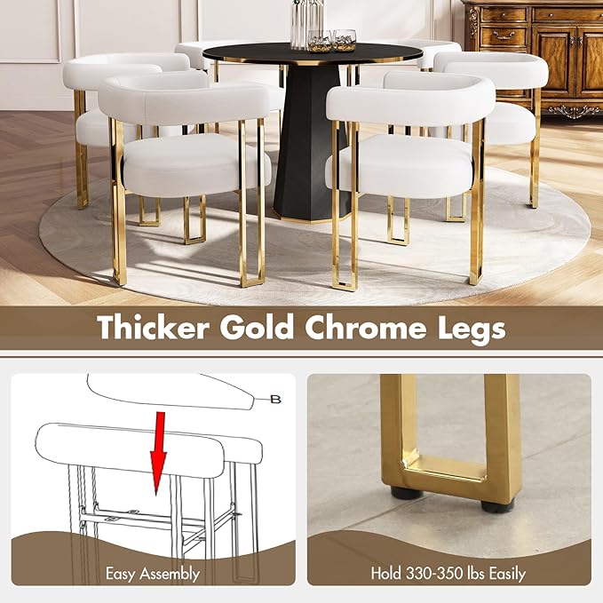 Beige and Gold Modern Dining Chairs Set of 2, Velvet Upholstered Barrel Armchairs with Metal Legs for Kitchen Island, Mid Century Accent Chairs for Dining Room Living Room, Open-Back