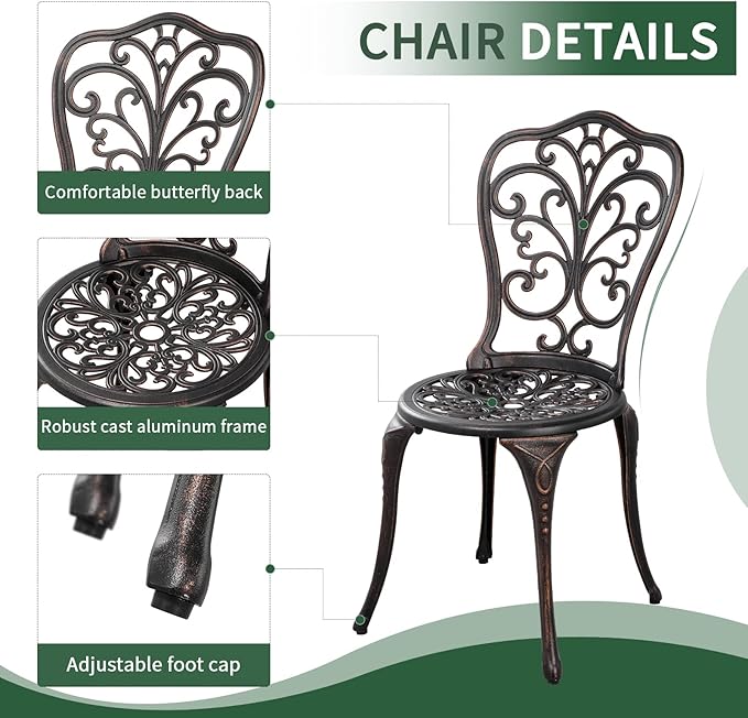 3 Piece Patio Set Outdoor Bistro Set,Cast Aluminum Bistro Table and Chairs Set of 2 with Umbrella Hole,All Weather Patio Bistro Sets for Front Porch Set Garden,Backyard(Brown)