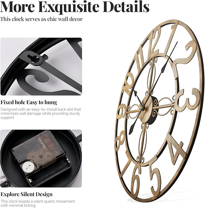 Cuspin Large Retro Rustic Bronze 36 Inch Silent Non-Ticking Battery Operated Metal Round Arabic Numerals Analog Wall Clock for Living Room, Kitchen, Office, Bedroom, Dining Room