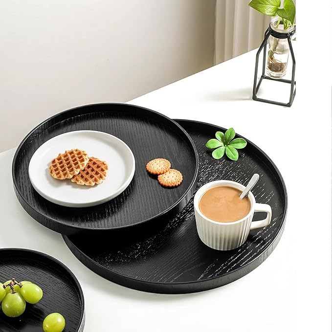 River Round Wood Serving Tray, Solid Wooden Decorative Tray Non-Slip Tea Coffee Table Tray Snack Plate Food Meals Serving Tray with Raised Edges for Home Decor Kitchen Restaurant(11.8inch/30cm, Black)