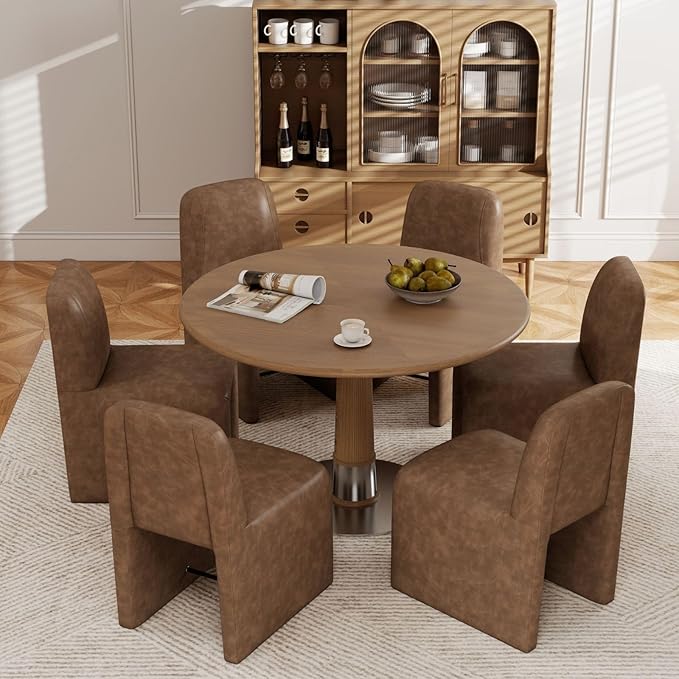 Brown Upholstered Leather Dining Chairs Set of 6, Mid Century Modern Dining Room Chairs with Deep Seat & Curved Back, Armless Side Chair Comfy Kitchen Chairs for Living Room/Kitchen