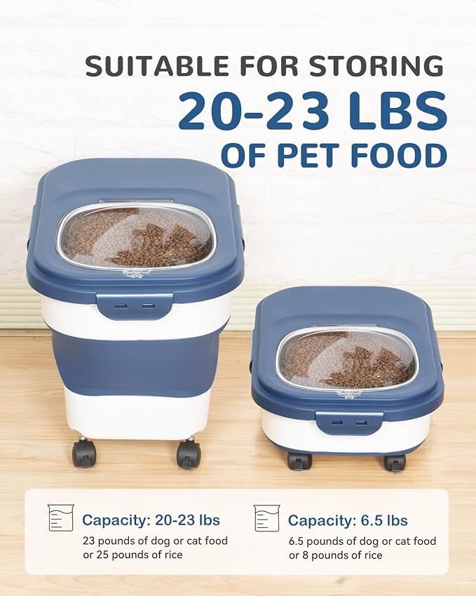 20-23 Lbs Dog Food Storage Container - Collapsible Dog Food Container with Wheels Airtight Lids, Scoop and Small Container, Pet Food Storage Dry Food For Dog, Cats and Other Pet (Blue)
