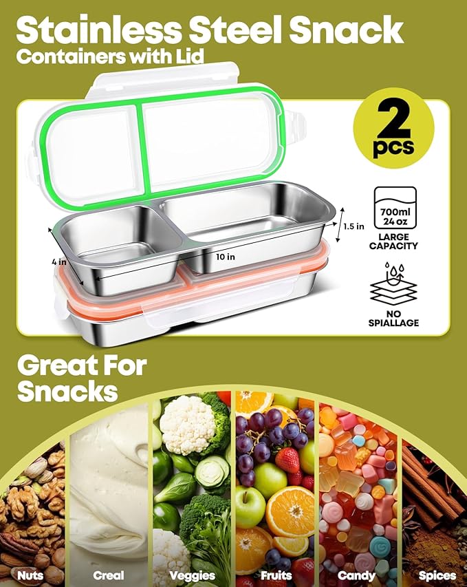 2Pack Stainless Steel Snack Containers for Kids Adults, Reusable Double Compartment Snackle Box Container with Leakproof Lids Metal Bento Lunch Food Snack Box for Travel Picnics Camping Office School