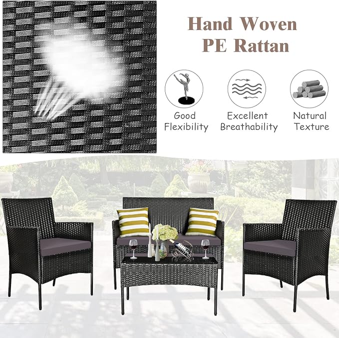 Tangkula 4 Pieces Patio Rattan Conversation Set, Outdoor Wicker Furniture Set with Tempered Glass Coffee Table &Thick Cushion, Rattan Chair Wicker Set for Garden, Lawn, Poolside and Backyard