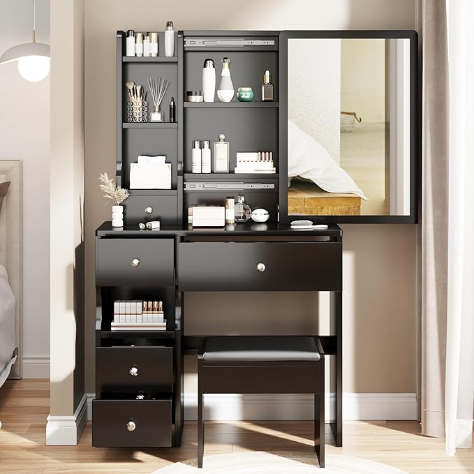 Small Makeup Vanity Desk with Storage Drawer, Compact Vanity Table Set with Mirror and Drawers, Solid Dressing Table Set with Chair, Compact Space Storage Shelves for Bedroom, Black