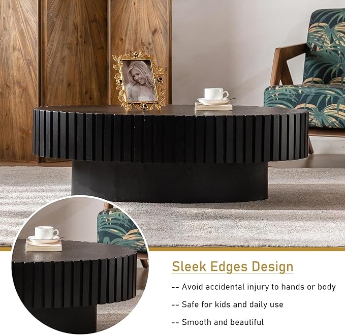Oval Drum Coffee Table 43.3" Wooden Coffee Tables Handcrafted Fluted Drum Coffee Table Mid Century Modern Luxury Center Table Vintage Farmhouse Center Table for Living Room (Oval Black)