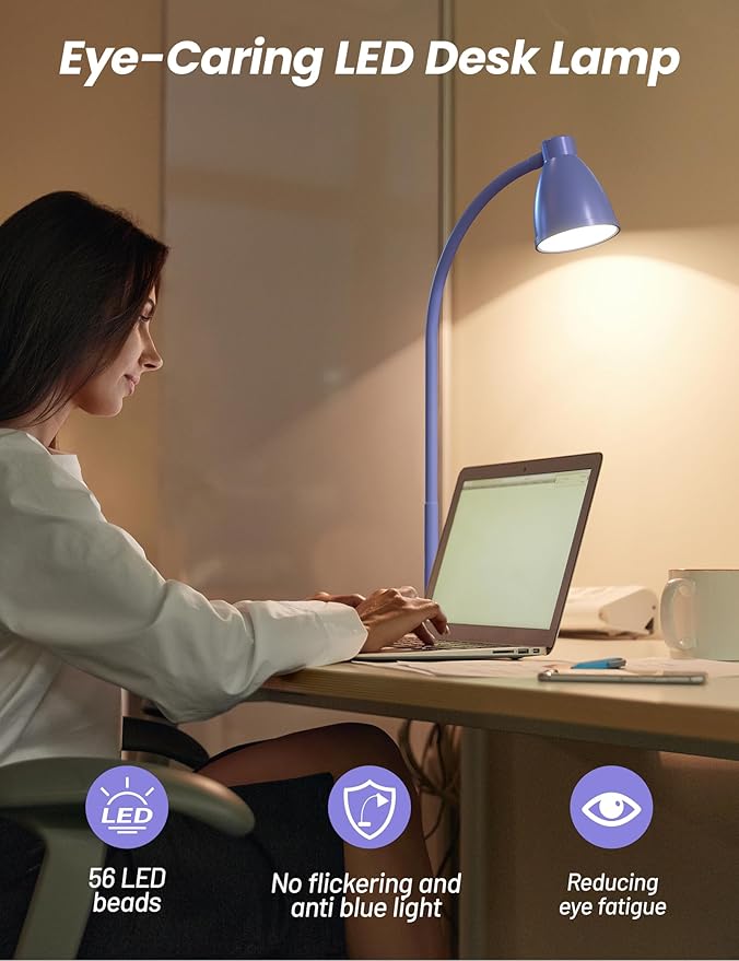 BOHON LED Desk Lamp with USB Charging Port, 3 Color Modes Fully Dimmable Reading Lamp, Auto Dimming Task Lamp, Flexible Neck Table Light for Office Dorm Bedside, Adapter Include