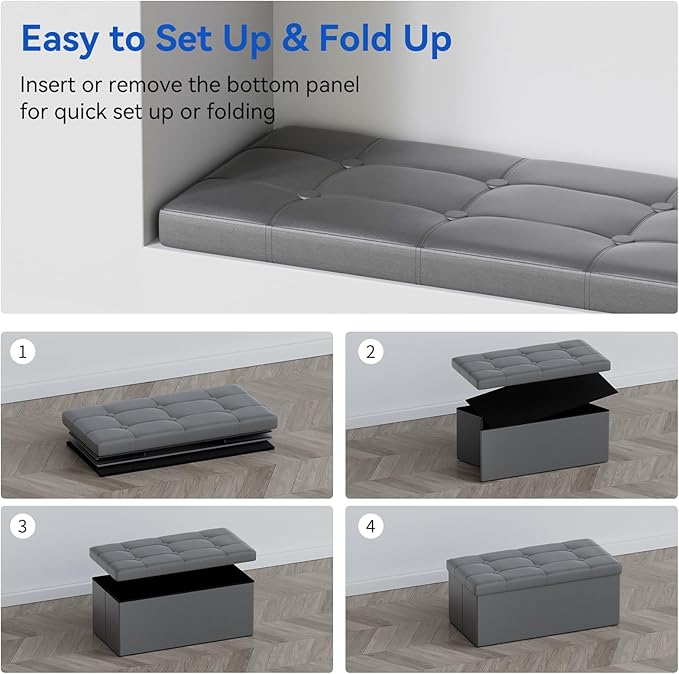 BRIAN & DANY 30 Inches Storage Ottoman Bench, Faux Leather Ottoman with Storage, Folding Bench Shoe, Foot Rest Stool, for Living Room, Gray