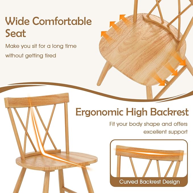 Giantex Windsor Dining Chairs Set of 2, Farmhouse Wooden Kitchen Chairs w/Cross Back, Wide Seat, Rubber Wood Frame, Armless Side Chairs for Kitchen, Dining Room, Living Room, Restaurant, Natural