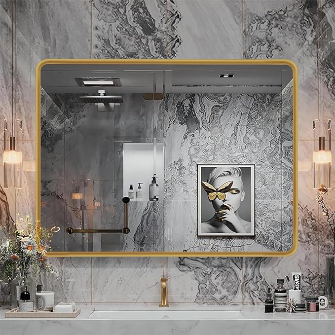 Gold Framed Mirrors for Bathroom,40 x 30 Inch Rounded Conner Rectangle Mirror for Wall, Matte Gold Vanity Mirror with Tempered Glass,Anti-Rust,Hangs Horizontally or Vertically