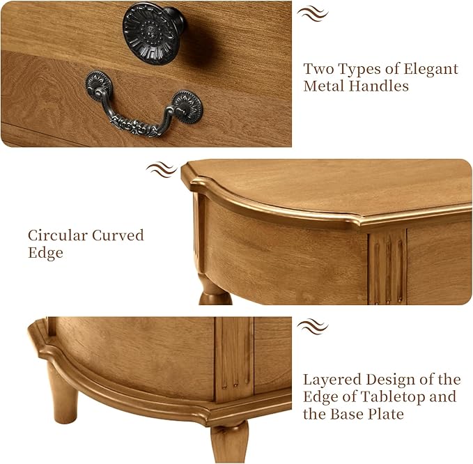 HMFULE Retro Curved Console Table, 43" Solid Wood Half Moon Console Table Entryway Table Sofa Table with Open Shelf Curved Corners 3 Drawers Pine Roman Legs for Living Room,Hallway,Entryway,Brown