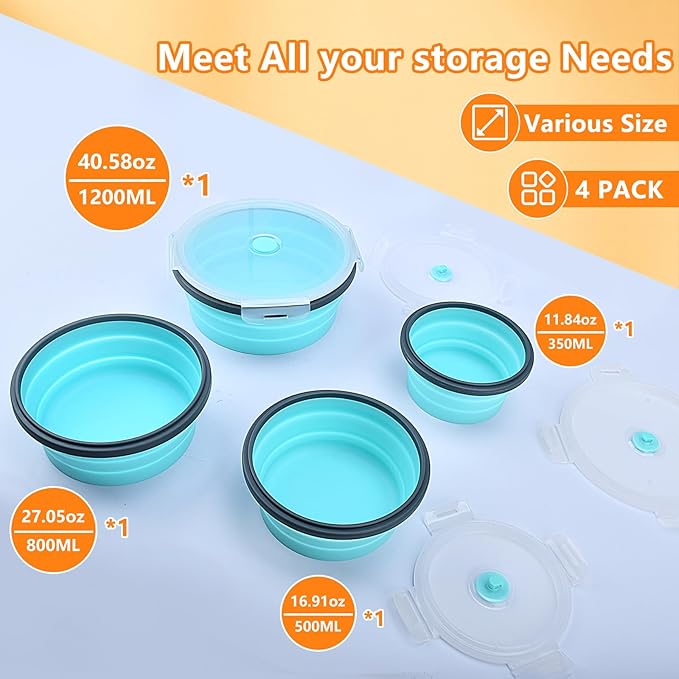 Collapsible Food Storage Containers with Lid & Air Vent, 4 Pack Round Foldable Collapsible Storage Containers Sets, Lunch Bowls for Camping, Travel, Microwave Freezer Dishwasher Safe