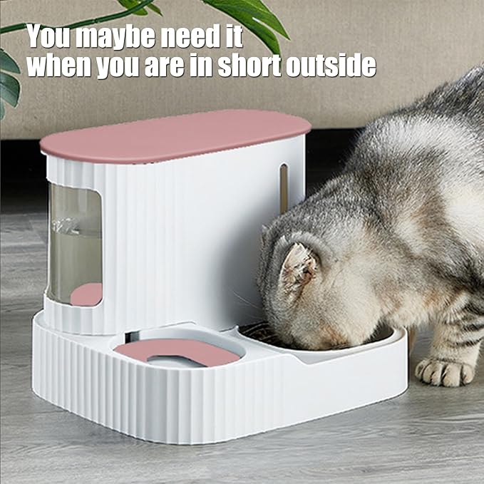 Automatic Cat Feeder,Gravity Auto Timed Pet Dry Food Self Feeding Container Dishes Bowl and Water Dispenser Fountain for Dog Puppy Kitten Kit Set Integrated 2 in 1 Continuous Tray(Pink)