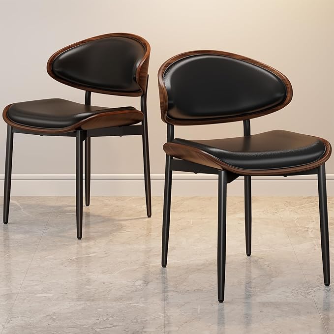 Dining Chairs Set of 8, Mid-Century Modern Upholstered PU Leather Chairs with Walnut Bentwood Back and Metal Legs Adjustable Feet for Kitchen Dining Room, Black PU