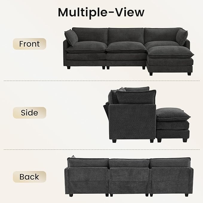 ROWHY Oversized Modular Sectional Couch with Movable Ottoman, 112" Modern Convertible L Shaped Sofa Set, 4 Seat Comfy Cloud Couch with 2 Throw Pillows, for Living Room, Chenille, Charcoal Grey